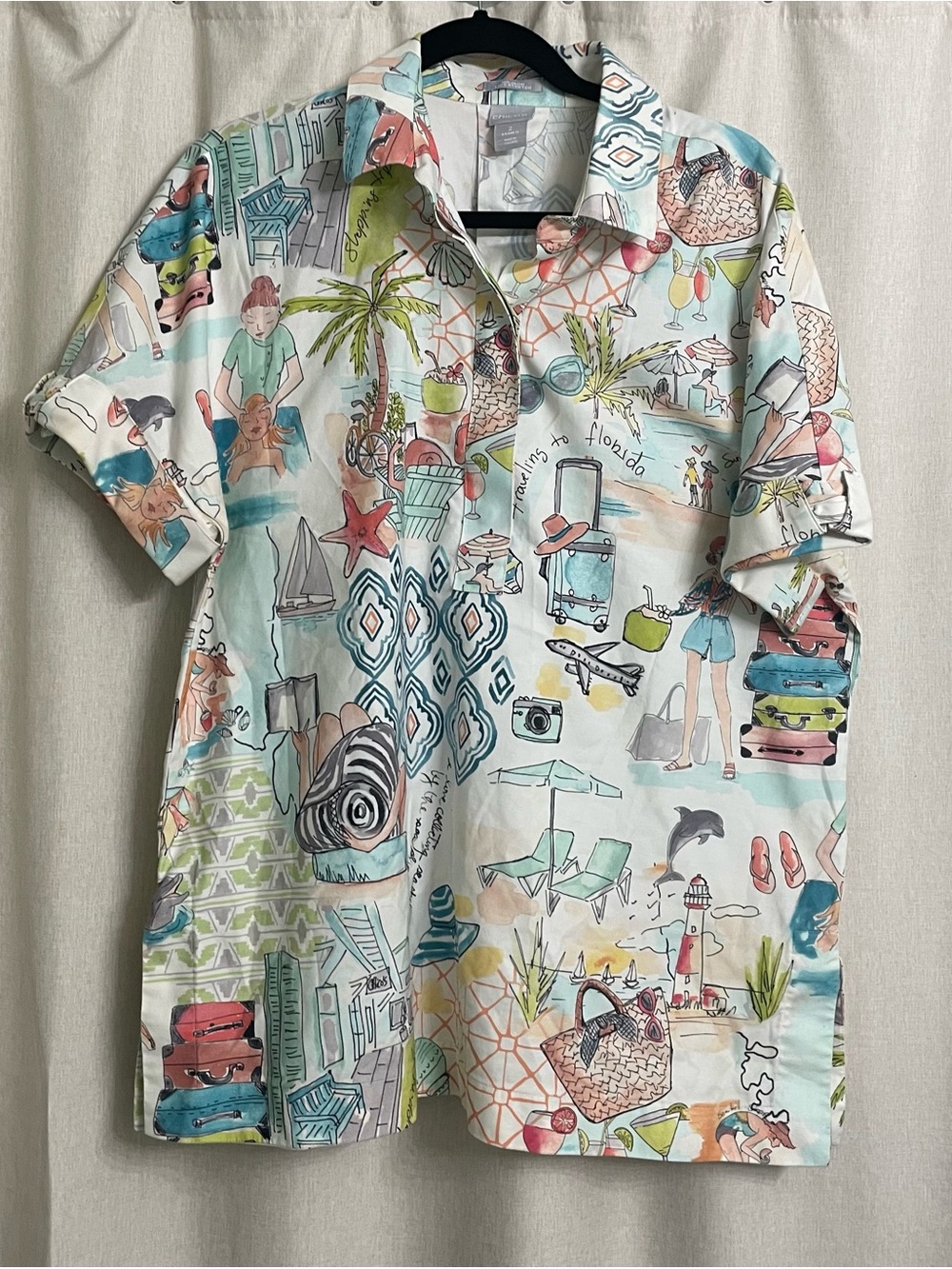 Chico’s No Iron Chic Stretch Florida Travel Print Button Shirt Size 2 US 12